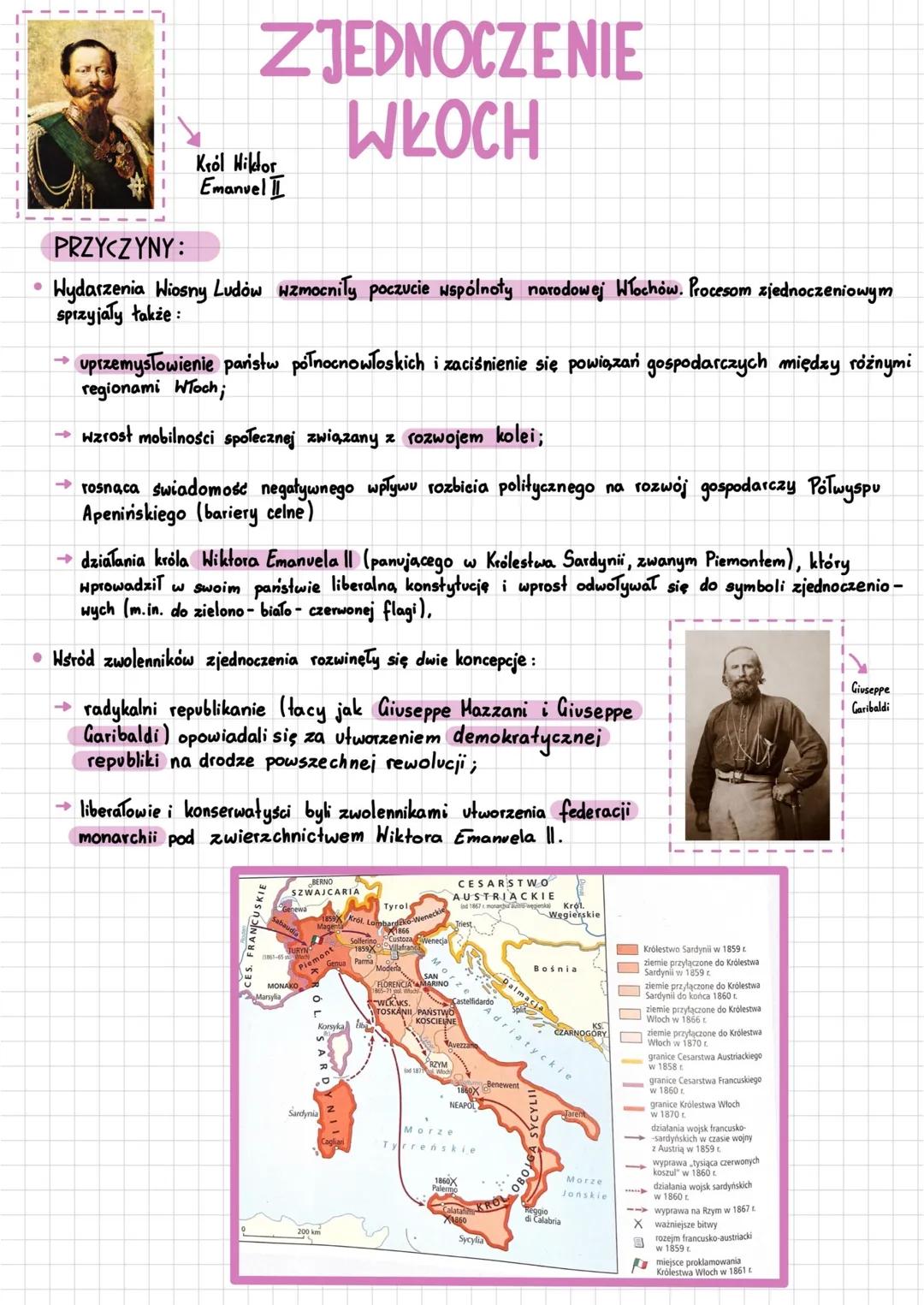 Krol Hiktor
Emanuel
ZJEDNOCZENIE
WŁOCH
•
PRZYCZYNY:
Wydarzenia Wiosny Ludów wzmocniły poczucie wspólnoty narodowej Włochów. Procesom zjednoc