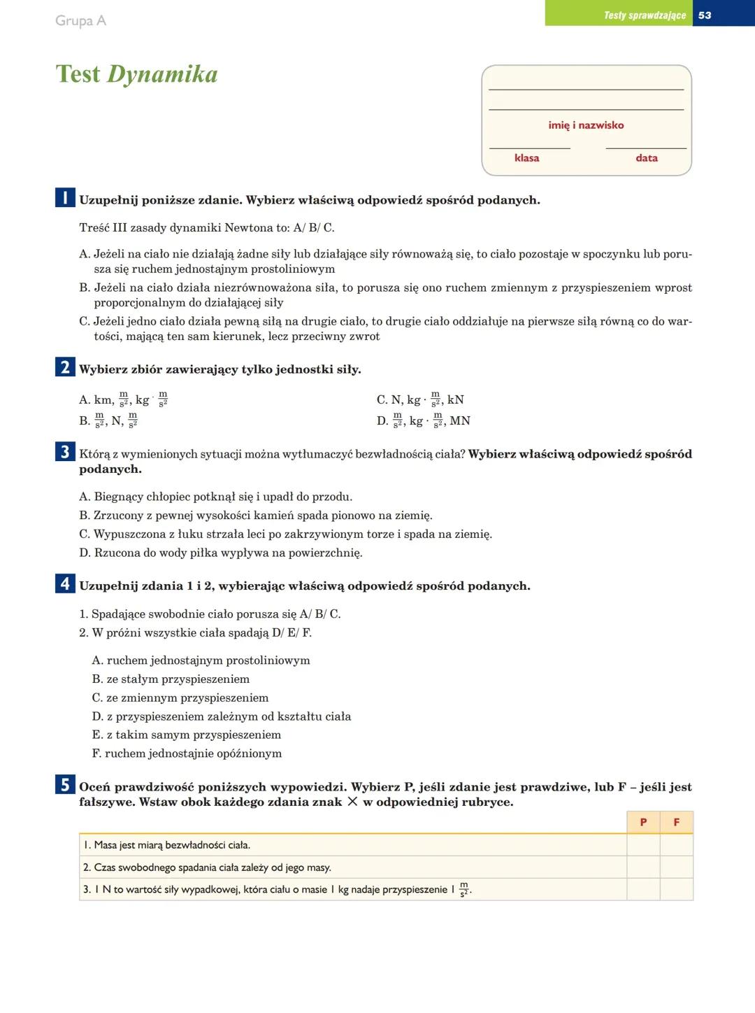 Test z fizyki klasa 7 dział dynamika