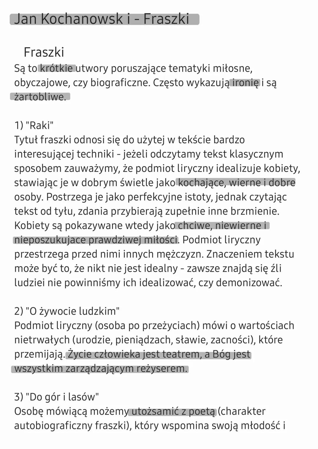 Jan Kochanowski - Fraszki
Fraszki
Są to krótkie utwory poruszające tematyki miłosne,
obyczajowe, czy biograficzne. Często wykazują ironię i