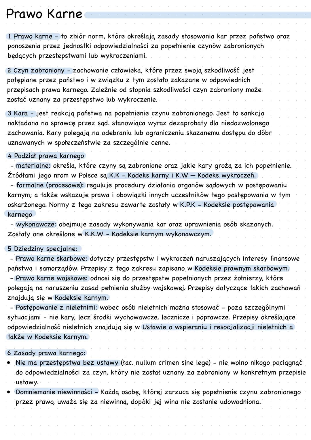 Prawo Karne
1 Prawo karne - to zbiór norm, które określają zasady stosowania kar przez państwo oraz
ponoszenia przez jednostki odpowiedzialn