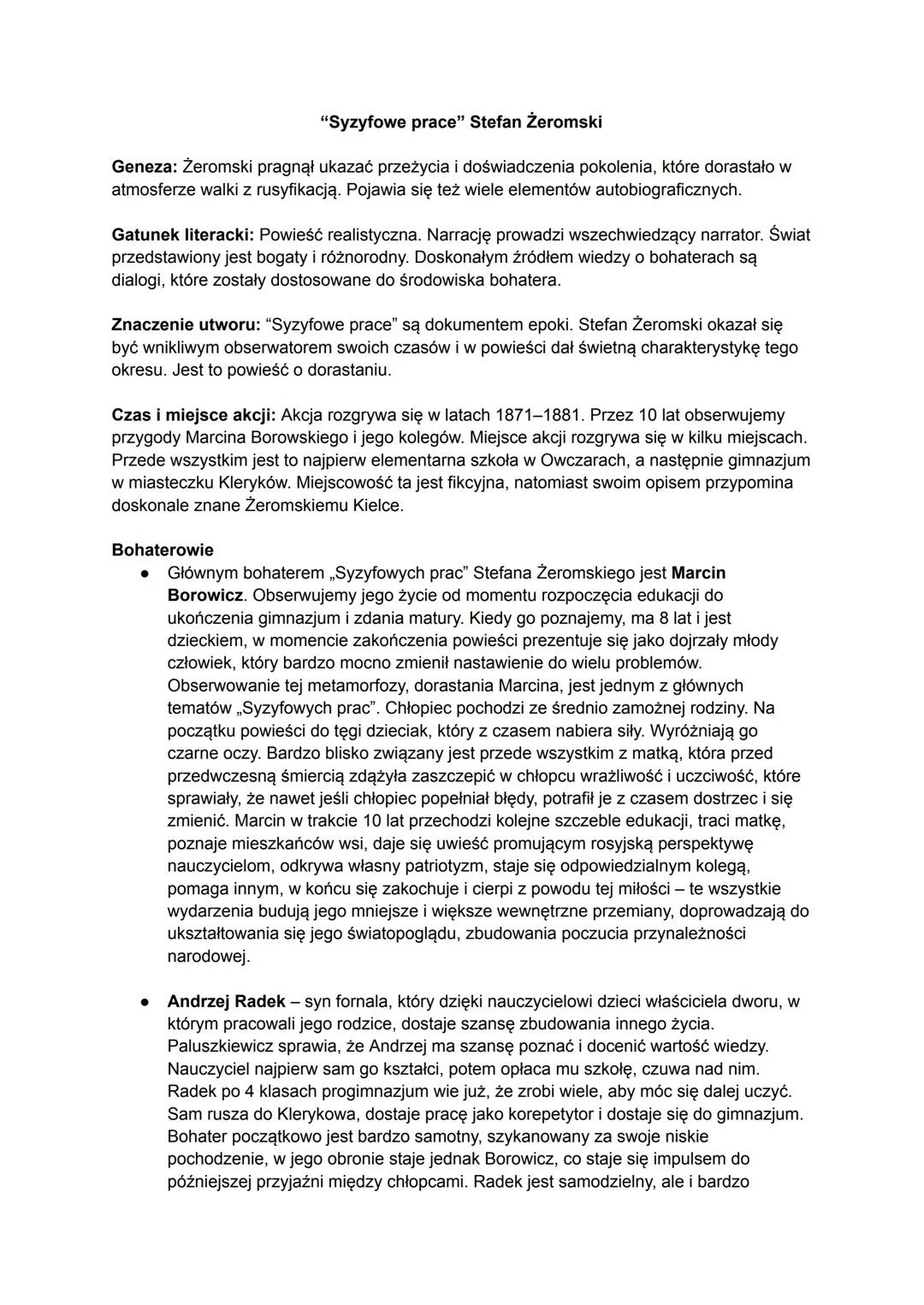"Syzyfowe prace" Stefan Żeromski
Geneza: Żeromski pragnął ukazać przeżycia i doświadczenia pokolenia, które dorastało w
atmosferze walki z r