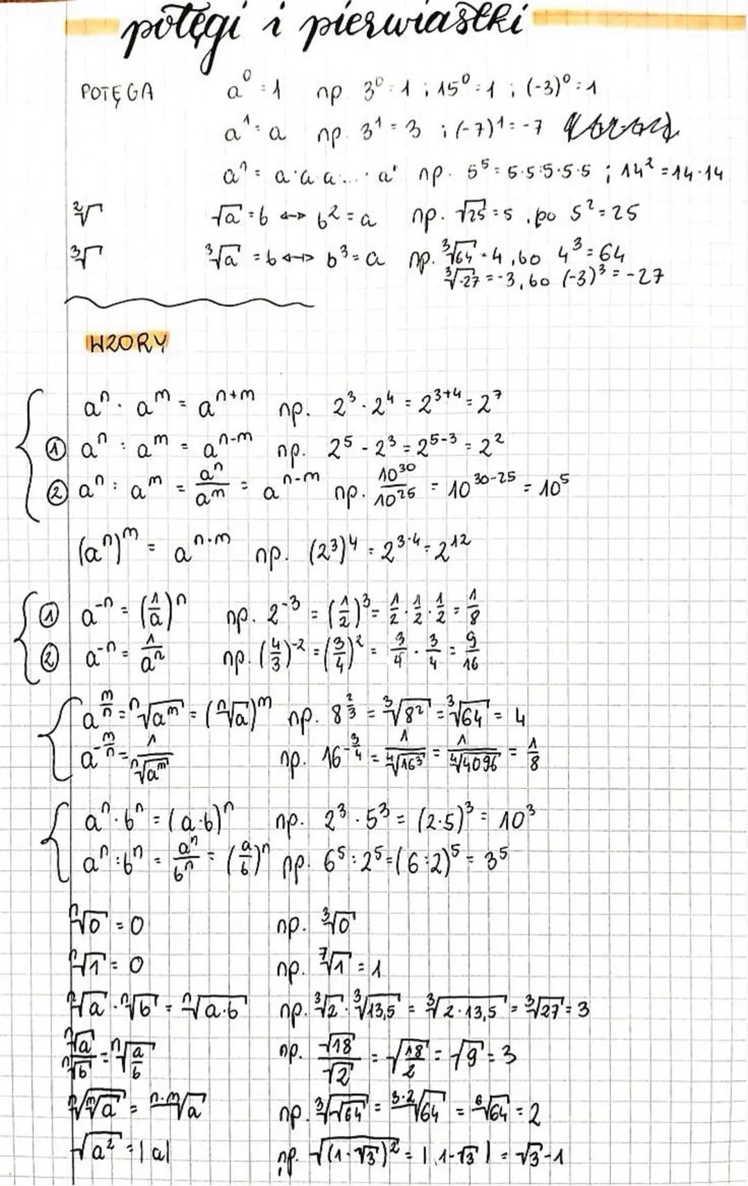 # potęgi i pierwiastki
POTĘGA
$a^0 = 1$ np. $3^0 = 1$; $15^0 = 1$; $(-3)^0 = 1$
$a^1 = a$ np. $3^1 = 3$ ; $(-7)^1 = -7$ 1026
$a^n = a \c