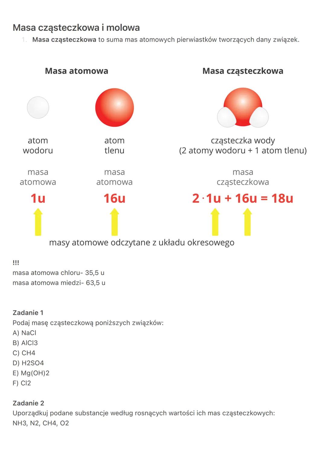 Masa cząsteczkowa i molowa
1. Masa cząsteczkowa to suma mas atomowych pierwiastków tworzących dany związek.
Masa atomowa
atom
wodoru
atom
tl