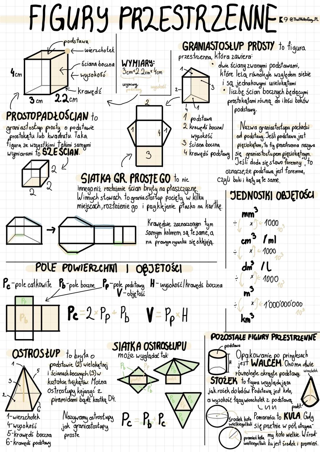 4cm
FIGURY PRZESTRZENNE
3 cm
-podstawa
@ThatNotesGuy PL
GRANIASTOSŁUP PROSTY to figura
przestrzenna, która zawiera
-wierzchołek
-Sciana bocz