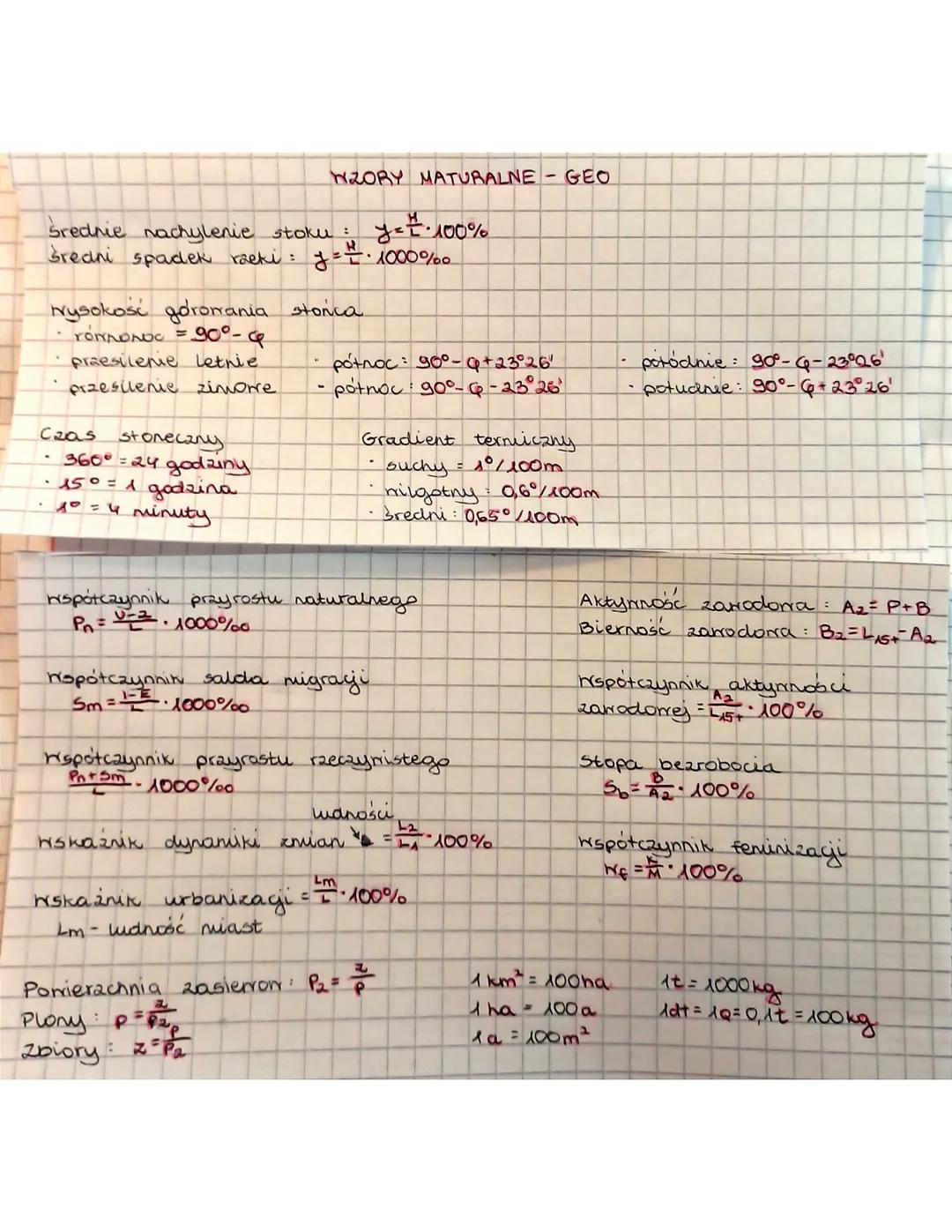 WZORY MATURALNE - GEO
y=1·100%
średnie nachylenie stoku :
średni spadek racki: f = = 1000%
Nysokość goromania storica
• YONNONOC = 90°- &
pr