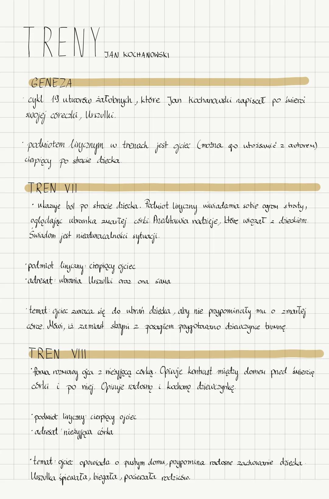 # TRENY
JAN KOCHANOWSKI
GENEZA
cykl 19 utworów żałobnych, które Jan Kochanowski napisał po śmierci
swojej córeczki, Urszulki.
• pocduiot