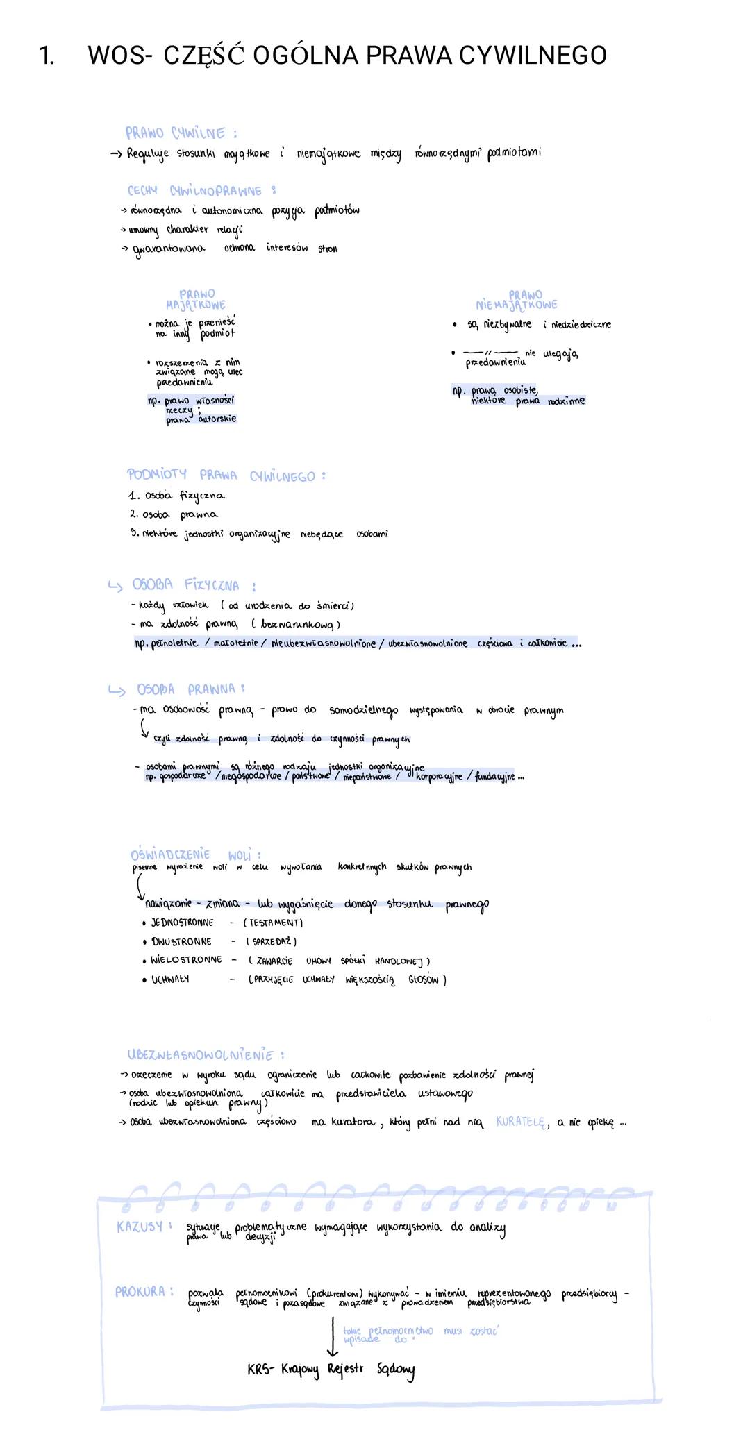 1. WOS- CZĘŚĆ OGÓLNA PRAWA CYWILNEGO
PRAWO CYWILNE:
→ Reguluje stosunki majątkowe i niemajątkowe między równorzędnymi podmiotami
CECHY CYWIL