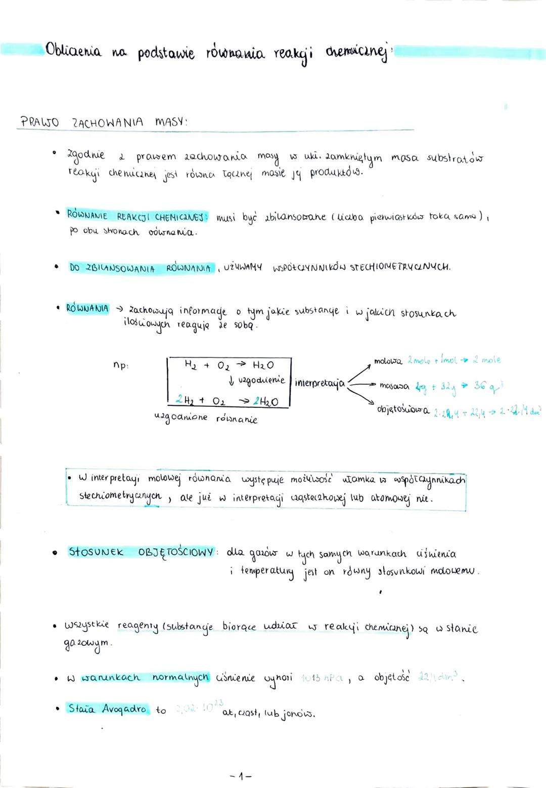 # Obliczenia na podstawie równania reakcji chemicznej
PRAWO ZACHOWANIA MASY:
* Zgodnie z prawem zachowania masy w uki. zamkniętym masa s