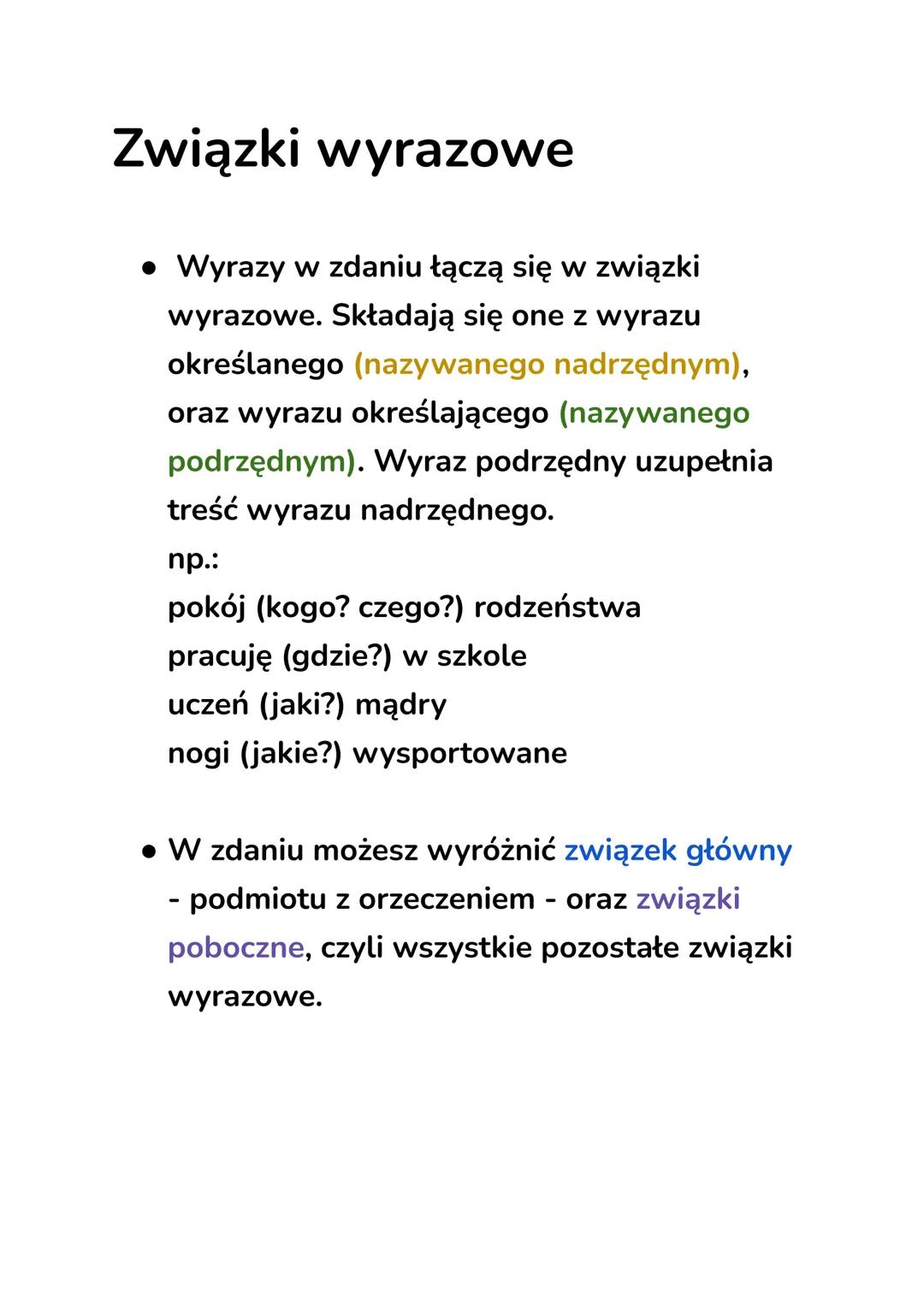 # Związki wyrazowe
* Wyrazy w zdaniu łączą się w związki
wyrazowe. Składają się one z wyrazu
określanego (nazywanego nadrzędnym),