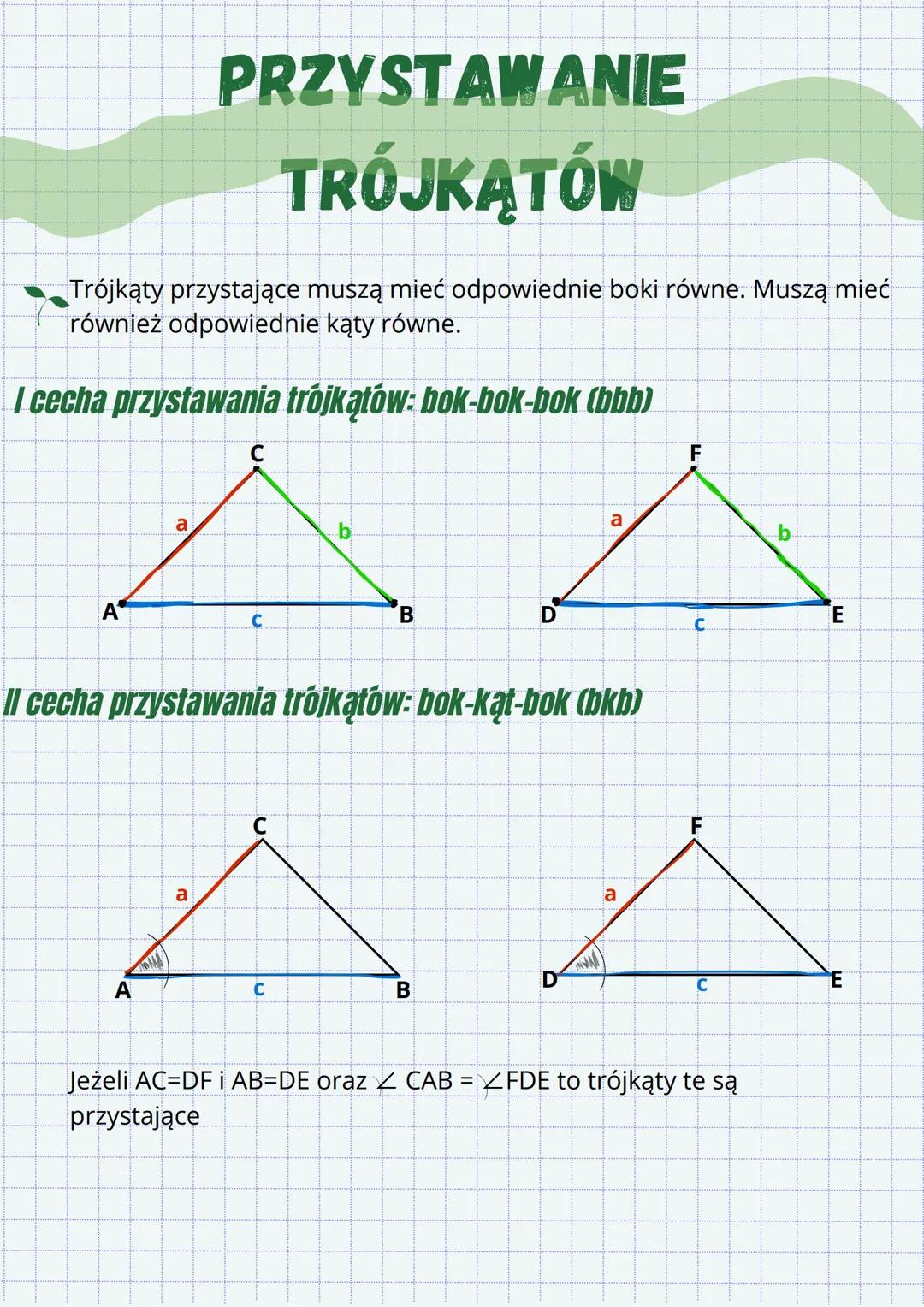 # PRZYSTAWANIE
# TRÓJKĄTÓW
Trójkąty przystające muszą mieć odpowiednie boki równe. Muszą mieć
również odpowiednie kąty równe.
I cecha przy