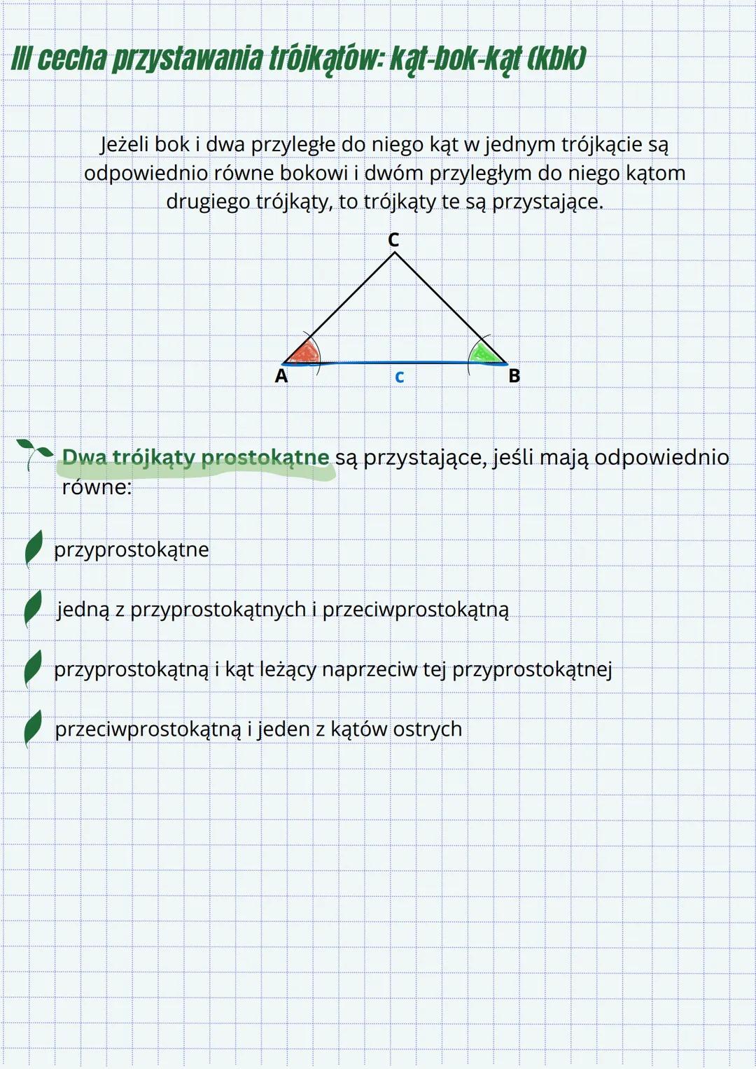 # PRZYSTAWANIE
# TRÓJKĄTÓW
Trójkąty przystające muszą mieć odpowiednie boki równe. Muszą mieć
również odpowiednie kąty równe.
I cecha przy