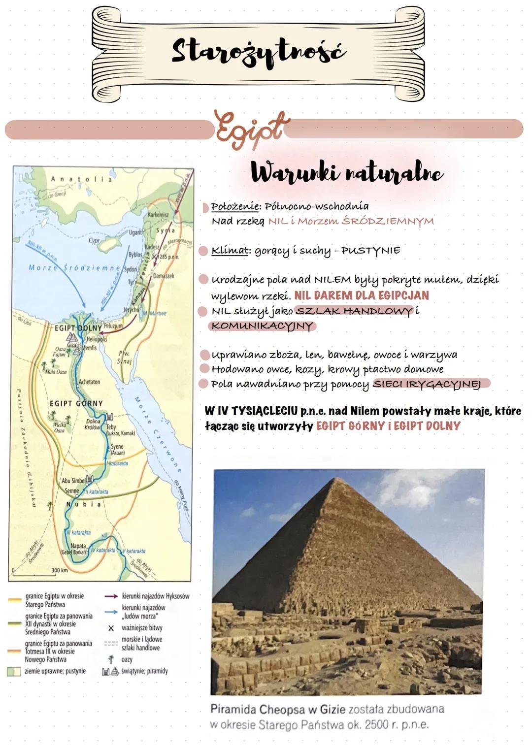 # Starożytność
# Egipt
## Warurki naturalne
* Położenie: Północno-wschodnia
Nad rzeką NIL i Morzem ŚRÓDZIEMNYM
* Klimat: gorący