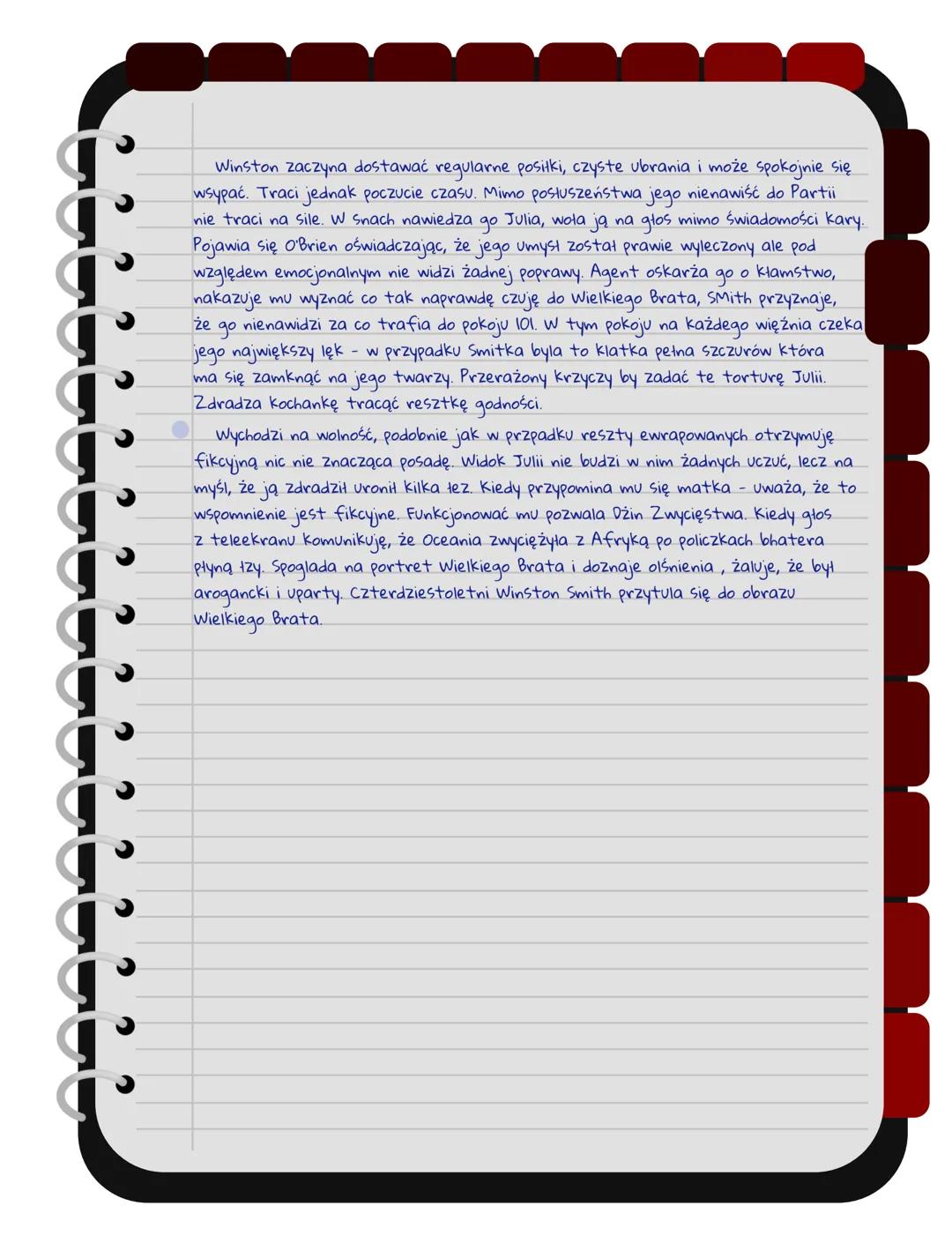 # Rok 1984
Winston Smith 39 lat, pracownik Departamentu Archiwów w Ministerstwie Prawdy,
przeciwnik Wielkego Brata i Partii. Pożąda Julii.