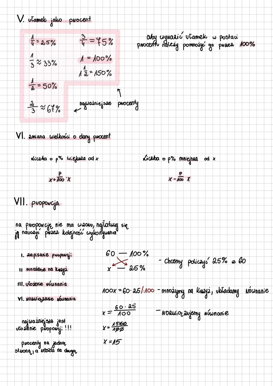 obliczenia
# PROCENTY
I. obliczanie procentu z liczby
$\frac{p}{100} \cdot x$ ; пр. $\frac{56}{100} \cdot 30=15$
II. o ile więcej, o ile