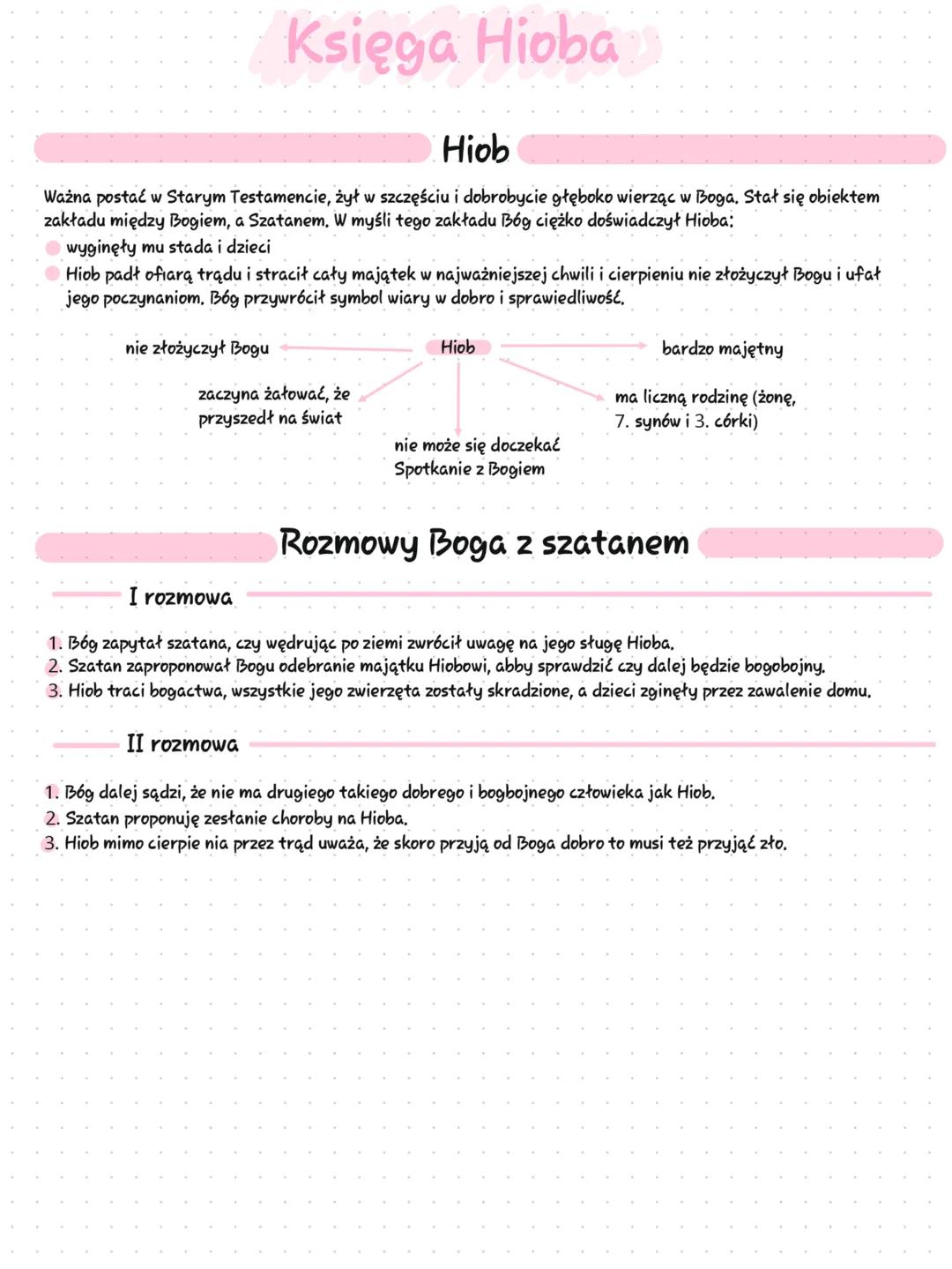 Księga Hioba
Hiob
Ważna postać w Starym Testamencie, żył w szczęściu i dobrobycie głęboko wierząc w Boga. Stał się obiektem
zakładu między B