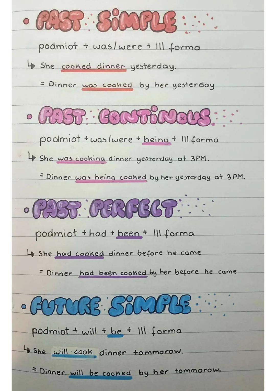 0
0
0
STRONA BIERNA
PRESENT SIMPLE
podmiot +am/are/is + III forma czasownika
She cooks dinner every day.
= Dinner is cooked by her every day