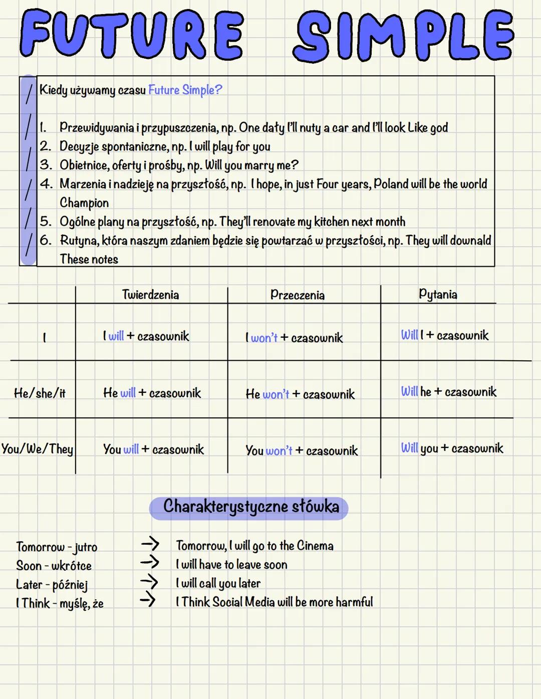 # FUTURE SIMPLE
Kiedy używamy czasu Future Simple?
1. Przewidywania i przypuszczenia, np. One daty I'll nuty a car and I'll look Like god