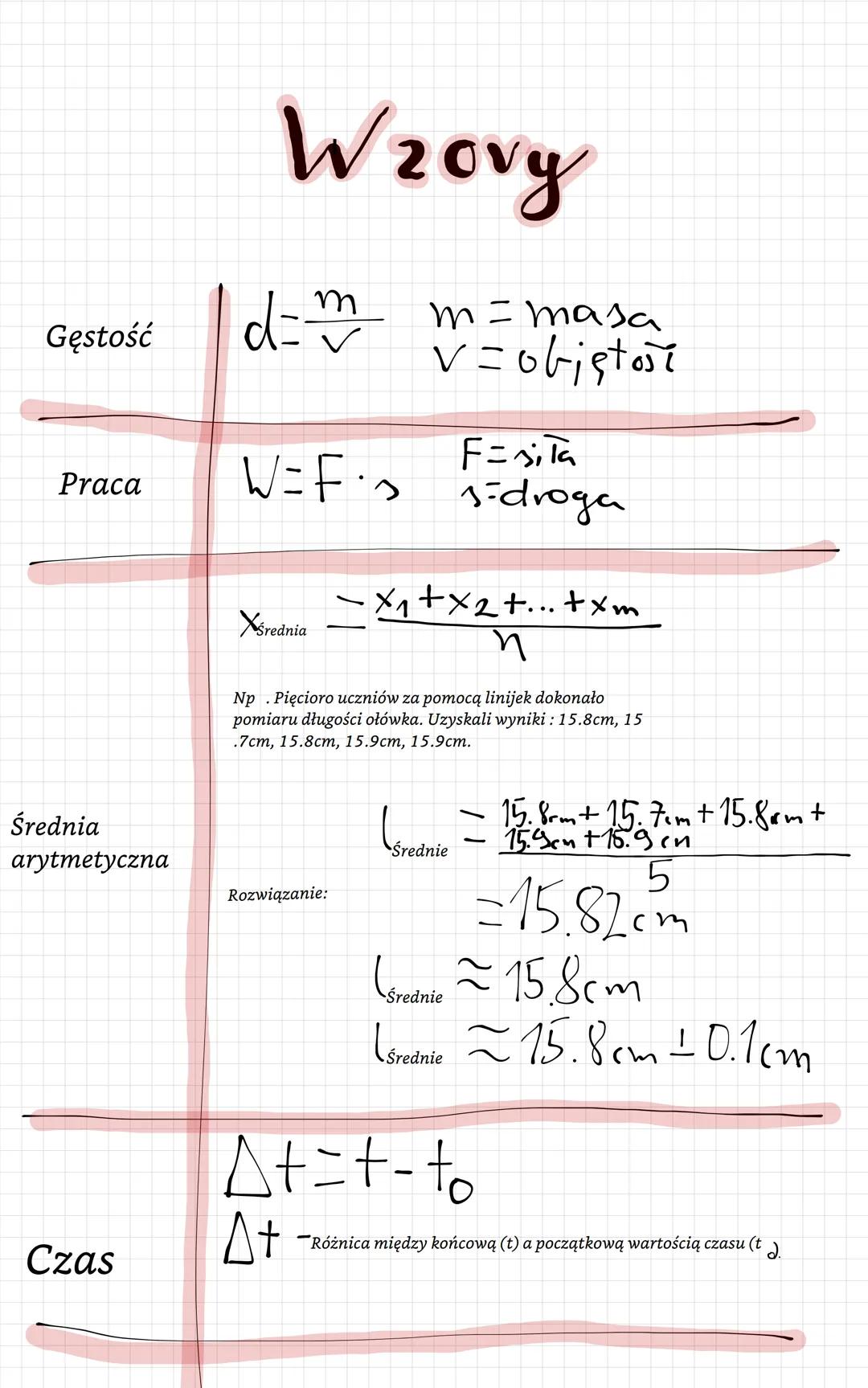 Wzovy
Gęstość
d
M
m = masa
v = objętoši
Füsiła
Praca
W=F·
1-droga
Średnia
arytmetyczna
Xśrednia
x1+x2+...+xm
n
Np. Pięcioro uczniów za pomoc