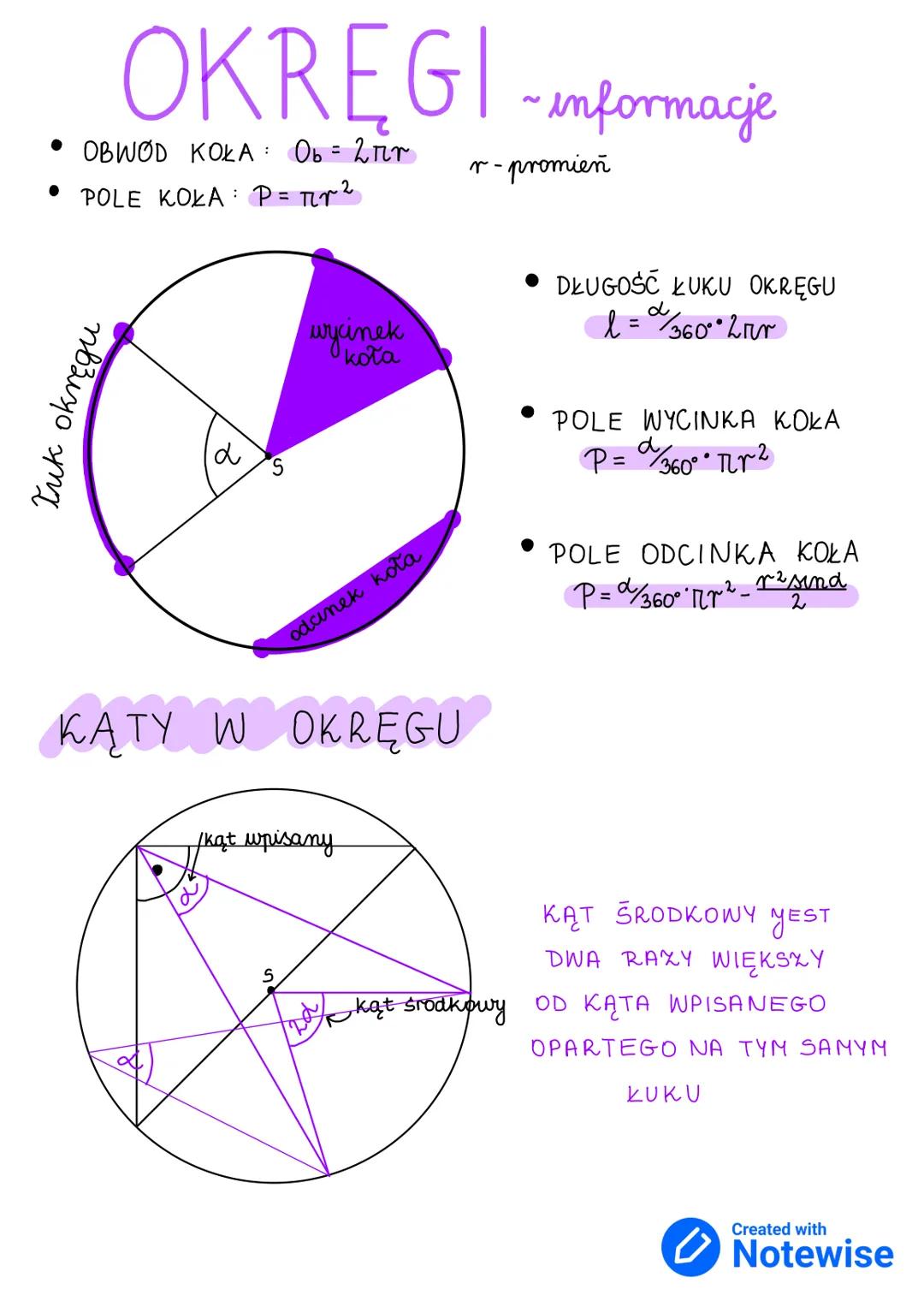 OKRĘGI - informacje
OBWOD KOка: Оь = 2 пг
:
2
•
POLE KOŁA P = πr²
r - promień
łuk okręgu
8
S
wycinek
koła
odanek koła
KĄTY W OKRĘGU
DŁUGOŚĆ