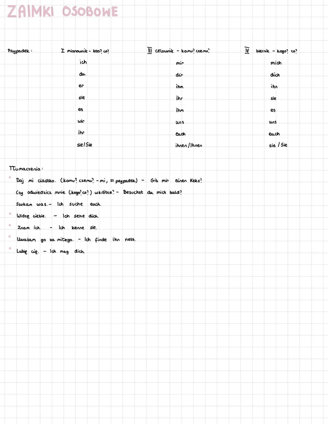 # ZAIMKI OSOBOWE
Prypadek:
I mianownik kto? co?
III celownik komu? czemu?
IV biernik kogo? co?
ich
mic
mich
du
dir
dich
er
ihm