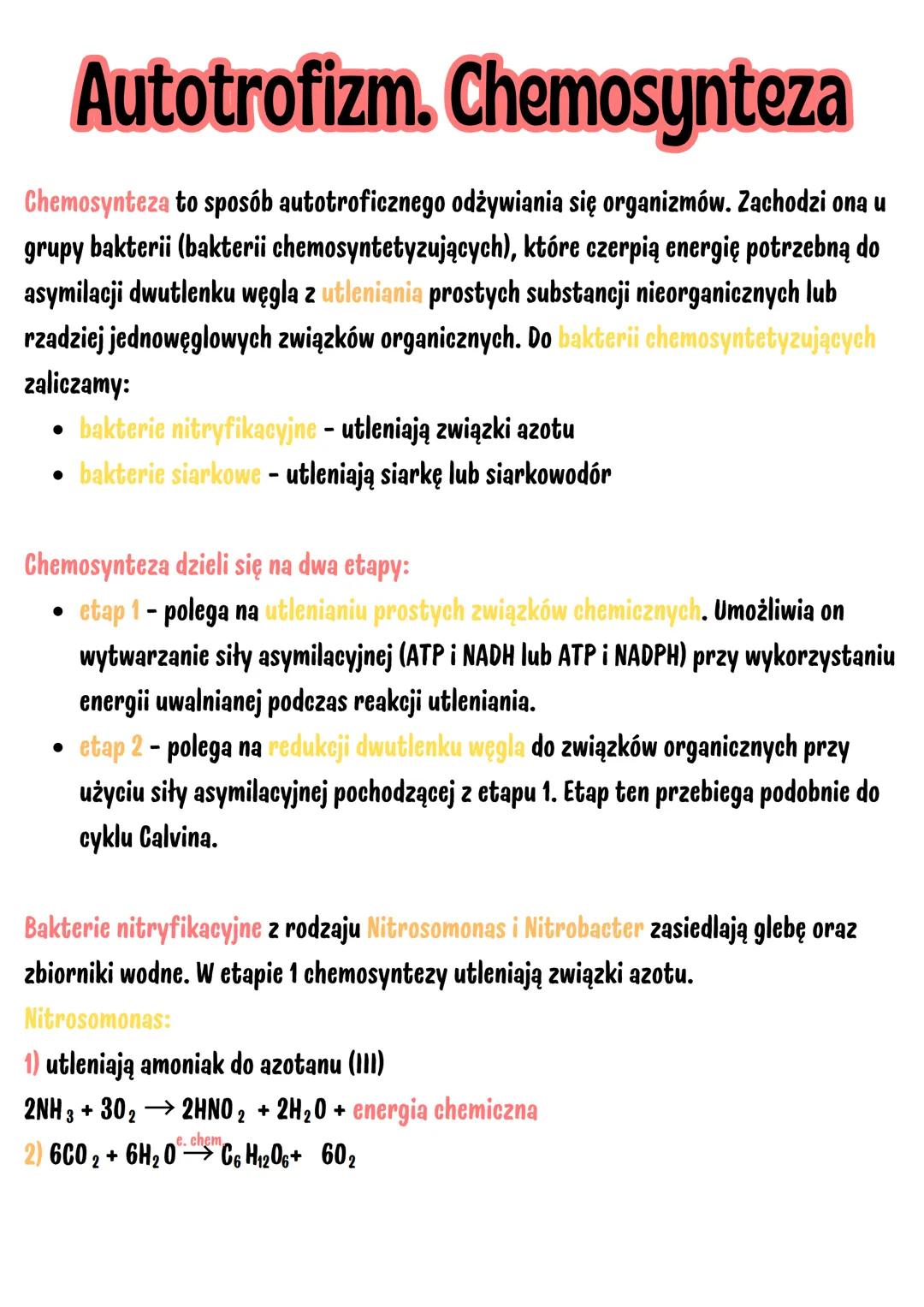 Autotrofizm. Chemosynteza
Chemosynteza to sposób autotroficznego odżywiania się organizmów. Zachodzi ona u
grupy bakterii (bakterii chemosyn