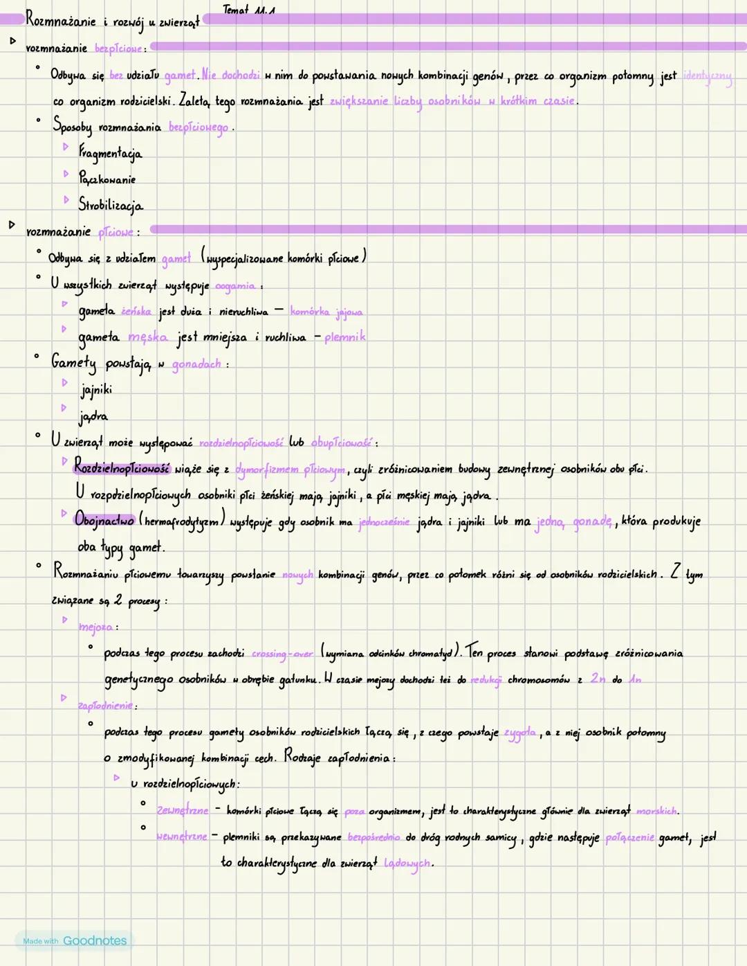 Made with Goodnotes Temat 11.1
Rozmnażanie i rozwój u
u zwierzął
D
vozmnażanie bezpłciowe:
°
Odbywa się bez udziału gamet. Nie dochodzi w ni
