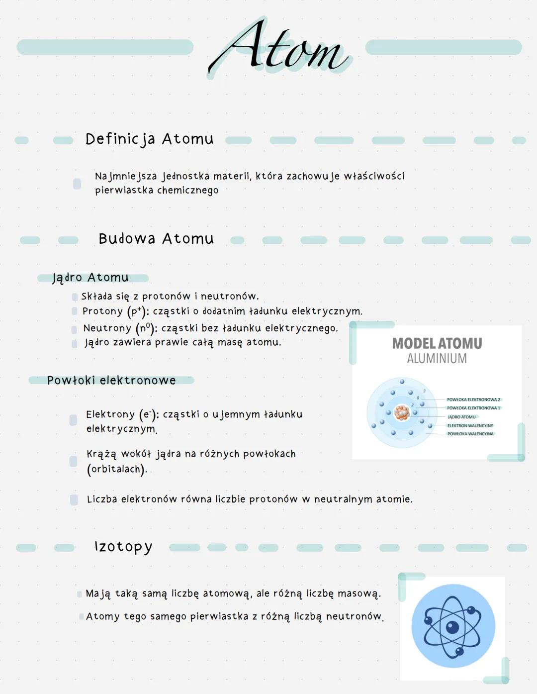 # Atom
Definicja Atomu
Najmniejsza jednostka materii, która zachowuje właściwości
pierwiastka chemicznego
Budowa Atomu
Jądro Atomu
Skła