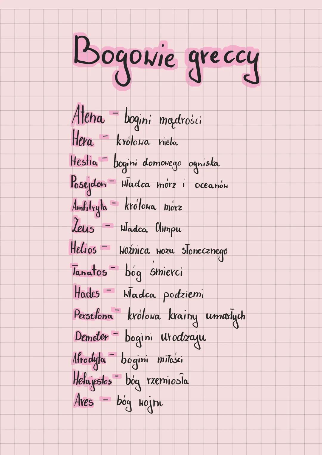 Bogowie greccy
Atena - bogini mądrości
Hera - królowa nieba
Hestia – bogini domowego ogniska
Posejdon - władca mórz i oceanów
Amfitryła - kr