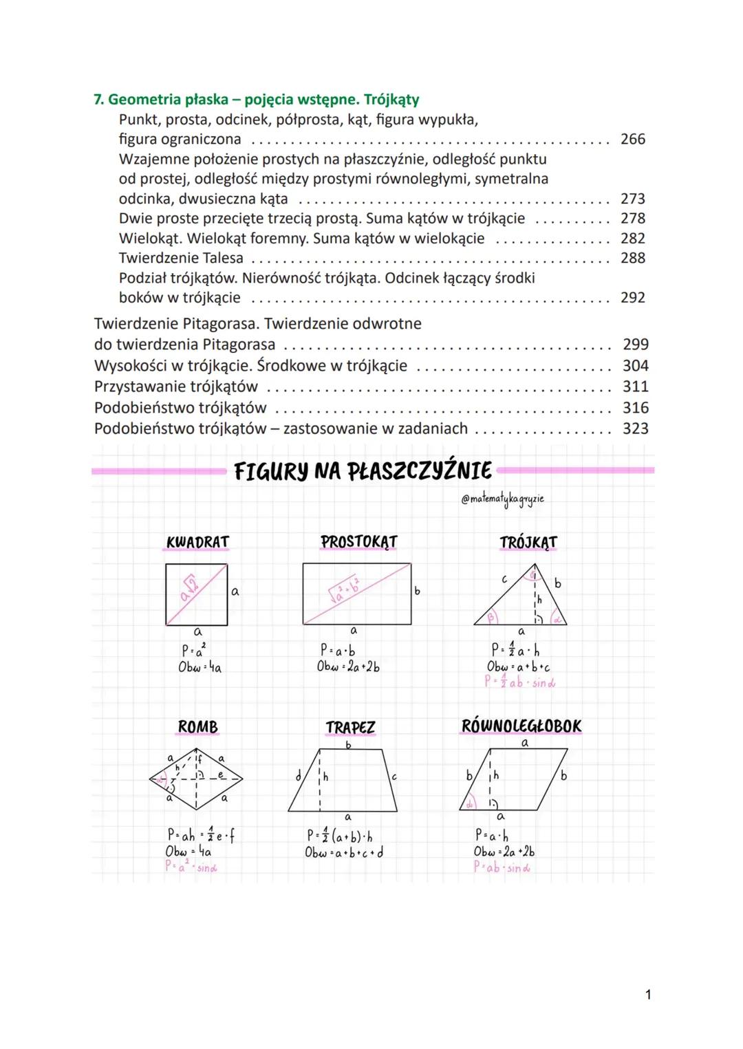 7. Geometria płaska - pojęcia wstępne. Trójkąty
Punkt, prosta, odcinek, półprosta, kąt, figura wypukła,
figura ograniczona
Wzajemne położeni