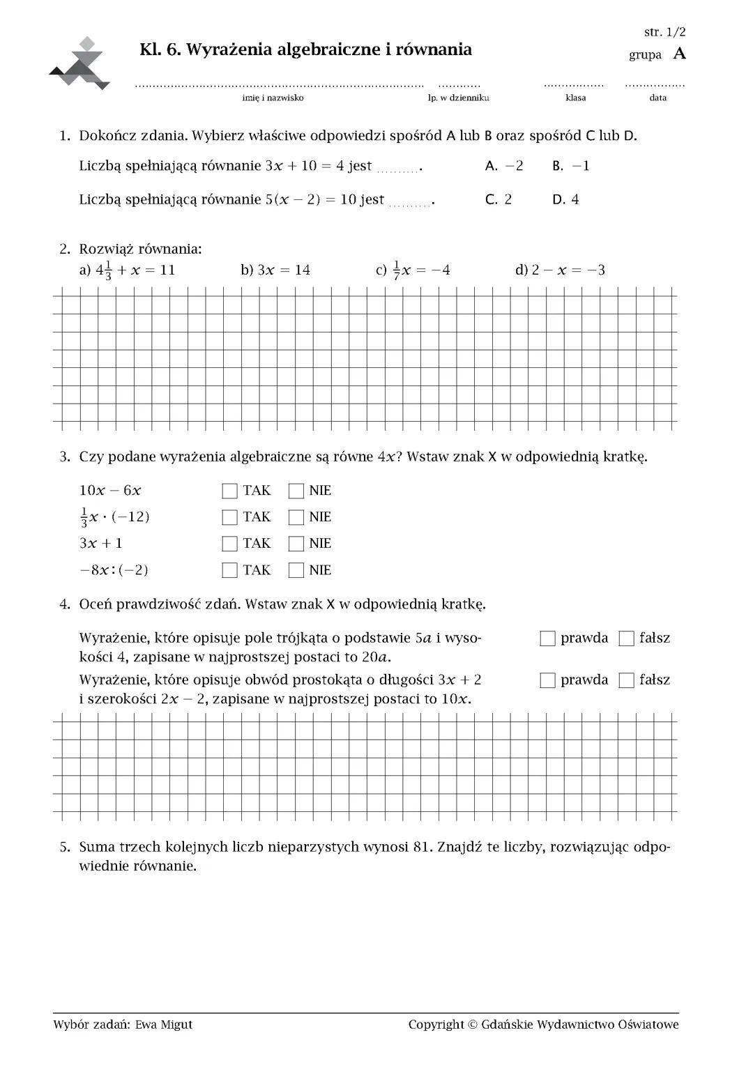 Sprawdzian z matematyki w.algebraiczne i równania