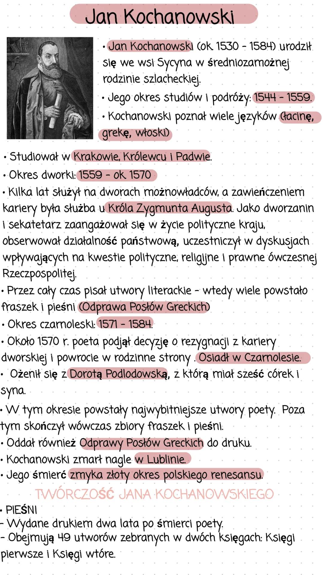 •
Jan Kochanowski
• Jan Kochanowski (ok. 1530 - 1584) urodził.
się we wsi Sycyna w średniozamożnej
rodzinie szlacheckiej.
• Jego okres studi