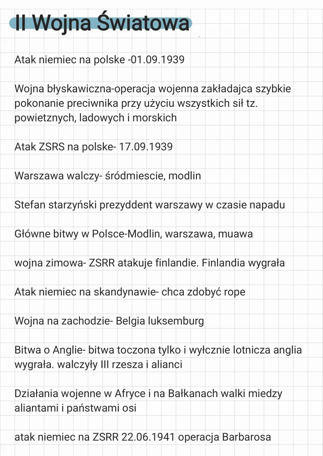 # II Wojna Światowa
Atak niemiec na polske -01.09.1939
Wojna błyskawiczna-operacja wojenna zakładajca szybkie
pokonanie preciwnika przy uż