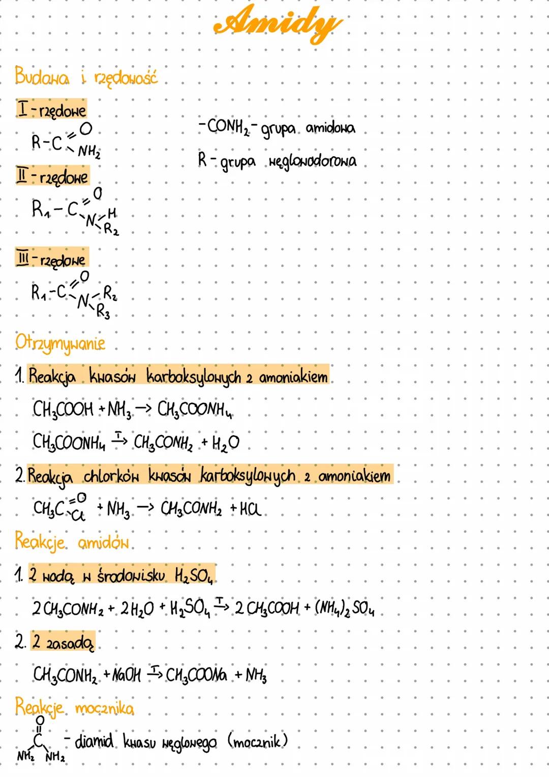 # Amidy
- Budana i rzędowość
I-rzędowe
-CONH₂- grupa, amidoна
R-C-NH2
R-grupa węglowodorowa
Ⅲ-rzędowe
0
R-CNH
R2
-rzędowe
R-CN-R