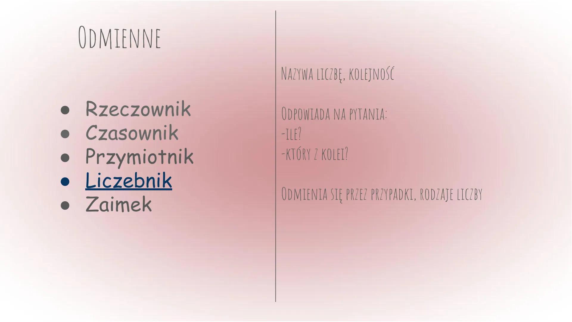 Części mowy
Język polski ODMIENNE
• Rzeczownik
• Czasownik
• Przymiotnik
• Liczebnik
• Zaimek
NIEODMIENNE
• Przysłówek
• Spójnik
• Przyimek