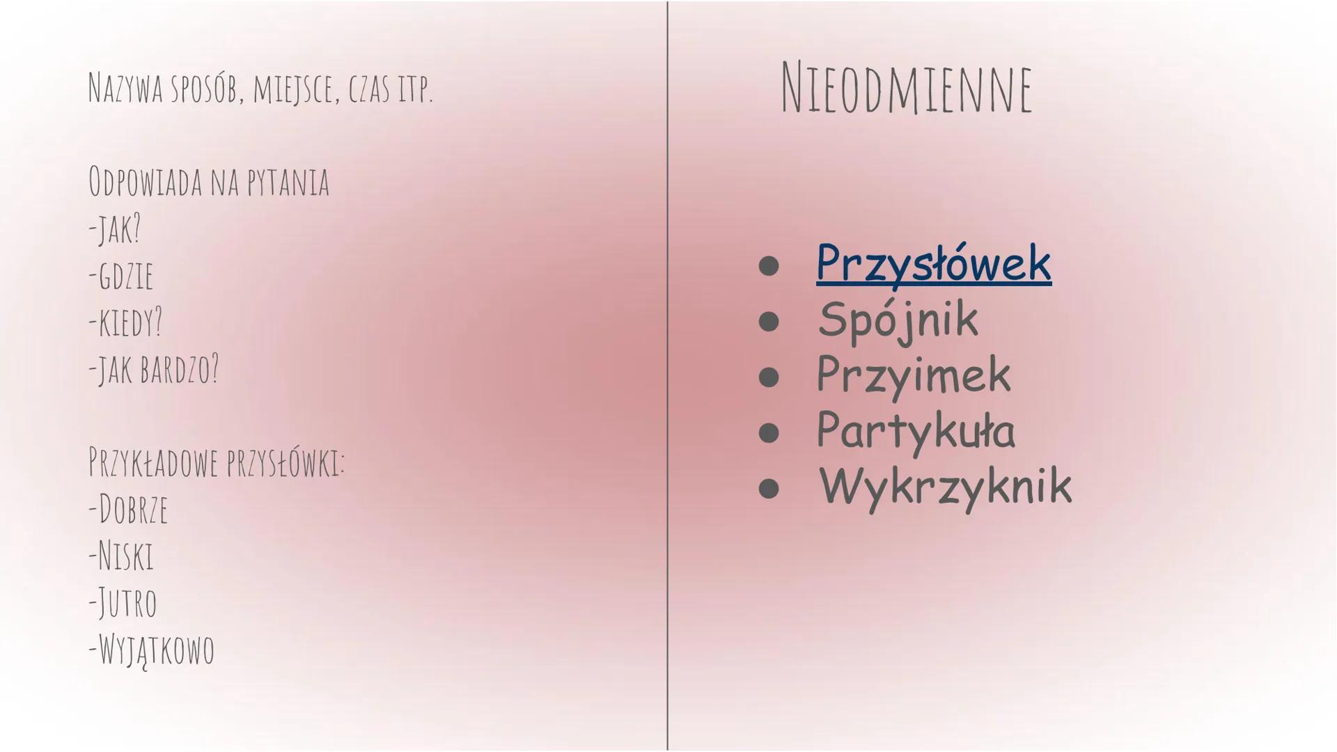 Części mowy
Język polski ODMIENNE
• Rzeczownik
• Czasownik
• Przymiotnik
• Liczebnik
• Zaimek
NIEODMIENNE
• Przysłówek
• Spójnik
• Przyimek