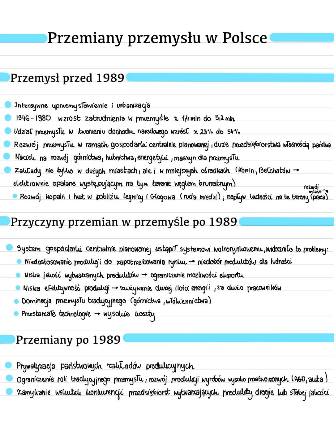 Przemiany przemysłu w Polsce
Przemysł przed 1989
Intensywne uprzemysłowienie i urbanizacja
1946-1980 wzrost zatrudnienia w przemyśle z 1,4 m