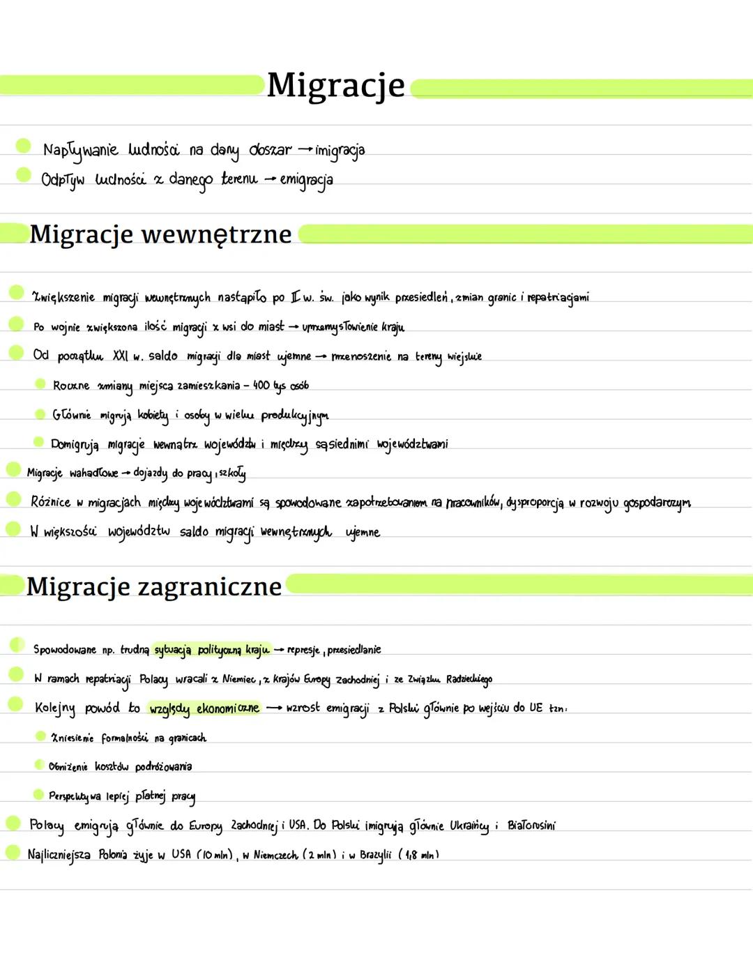 Migracje
Napływanie ludności na dany obszar →
→ imigracja
Odpływ ludności z
danego terenu emigracja
Migracje wewnętrzne
Zwiększenie migracji