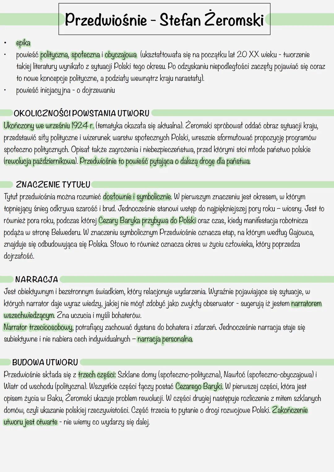 epika
Przedwiośnie - Stefan Żeromski
powieść polityczna, społeczna i obyczajowa (ukształtowała się na początku lat 20 XX wieku - tworzenie
t