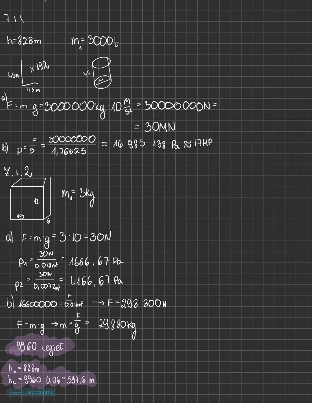 Made with Goodnotes # hydrostatyka
$p = \frac{F}{S}$, gdzie:
p- ciśnienie hydrostatyczne
F- siła
S- powierzchnia działania siły
$F = Q