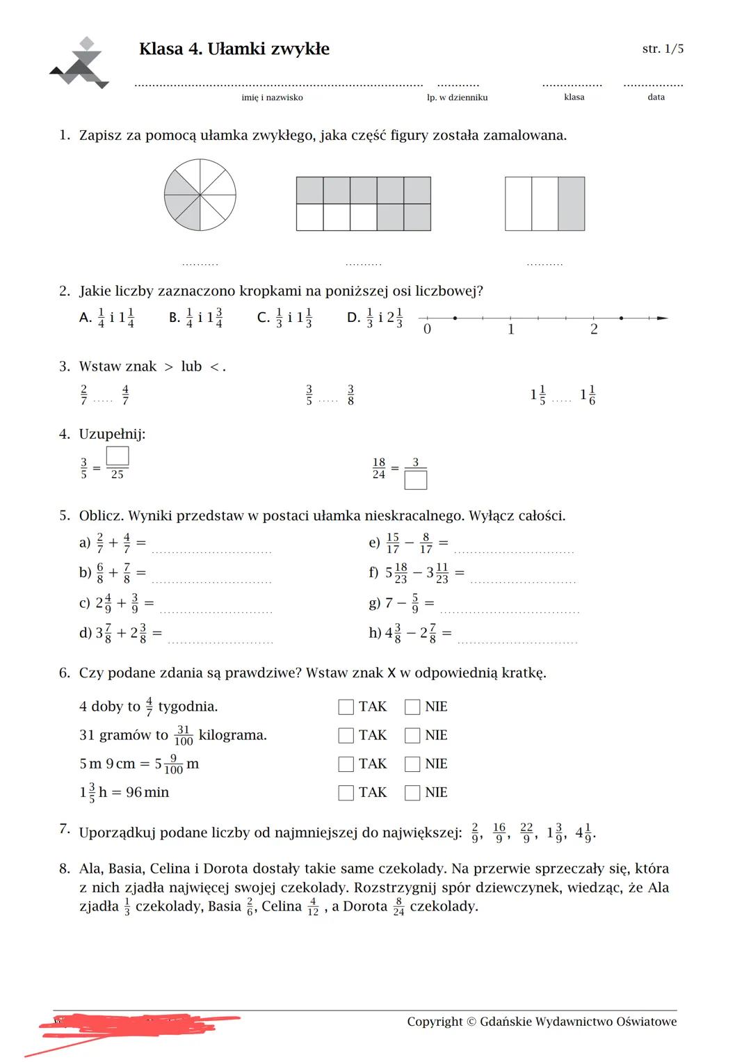 Ułamki zwykłe klasa 4 wydawnictwo GWO Gdańskie wydawnictwo oświatowe matematyka z plusem klasa 4