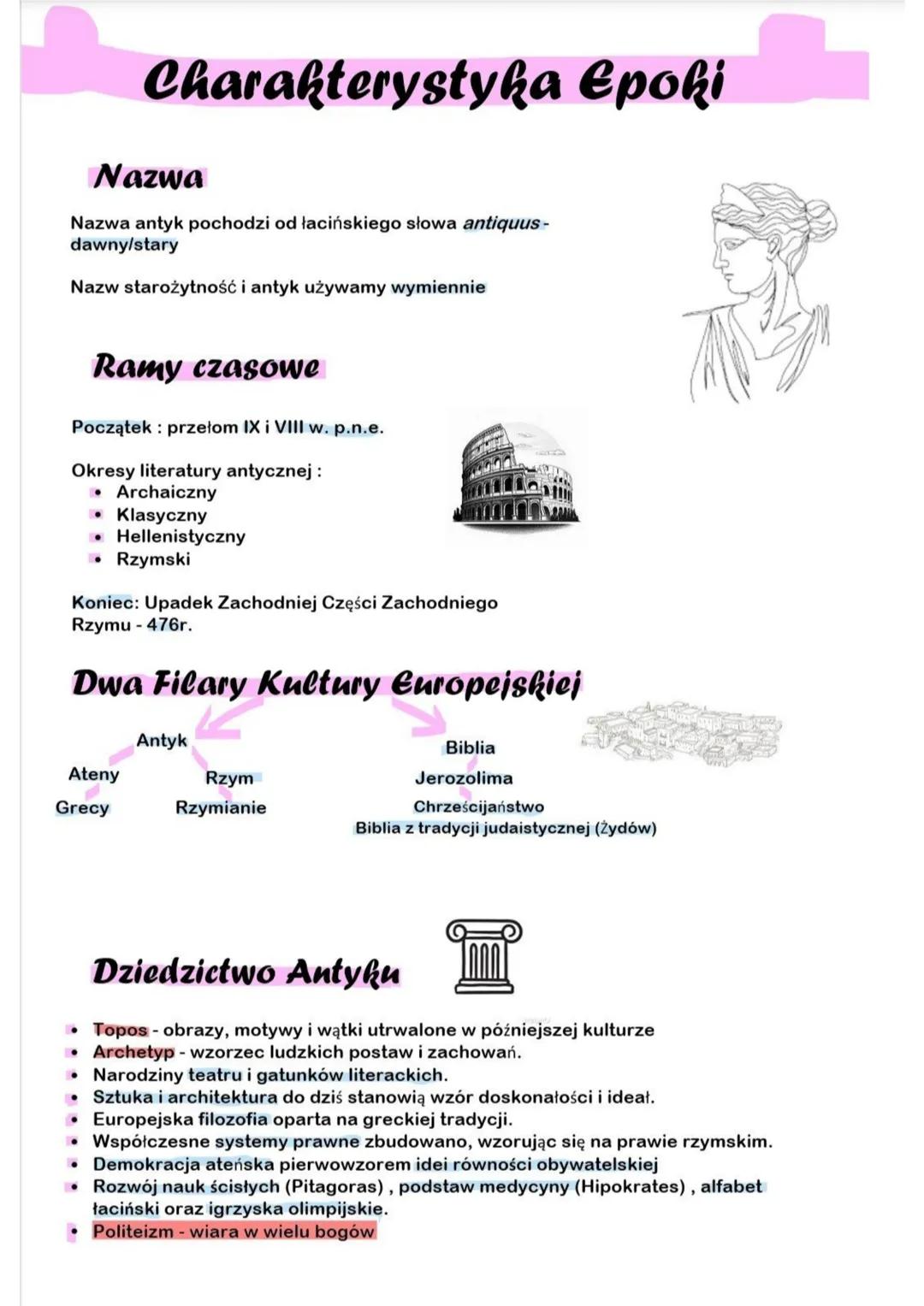 # Charakterystyka Epoki
Nazwa
Nazwa antyk pochodzi od łacińskiego słowa antiquus -
dawny/stary
Nazw starożytność i antyk używamy wymienni