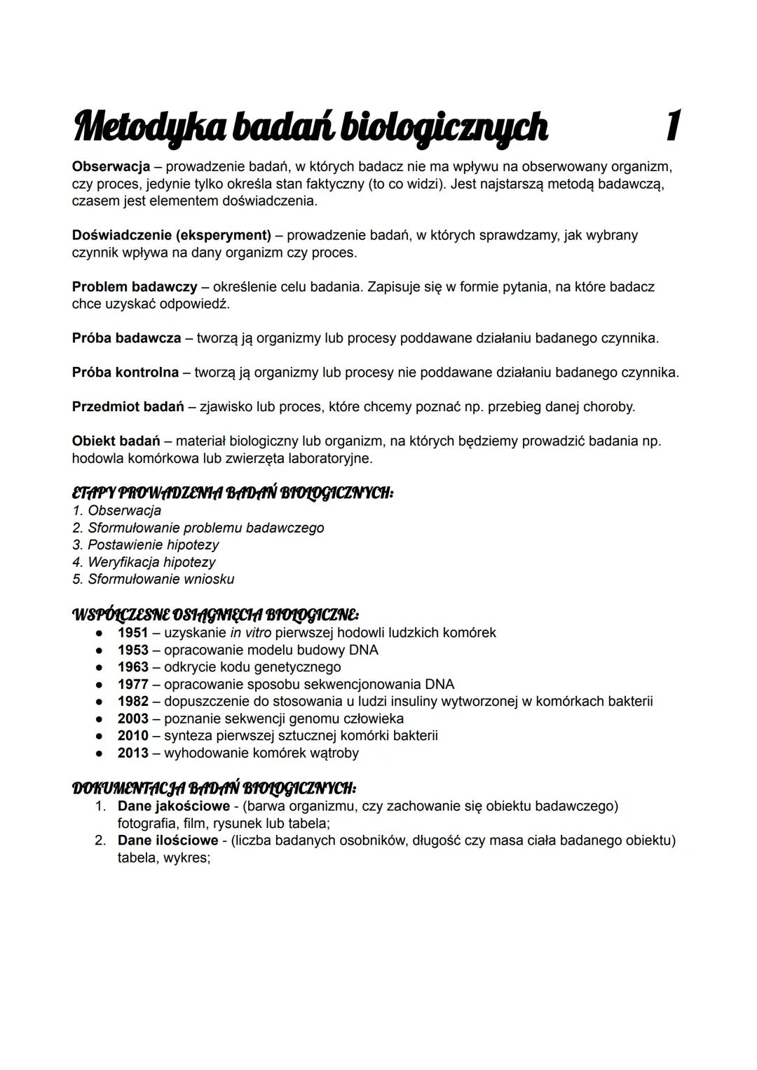# Metodyka badań biologicznych
1
Obserwacja - prowadzenie badań, w których badacz nie ma wpływu na obserwowany organizm,
czy proces, jedynie