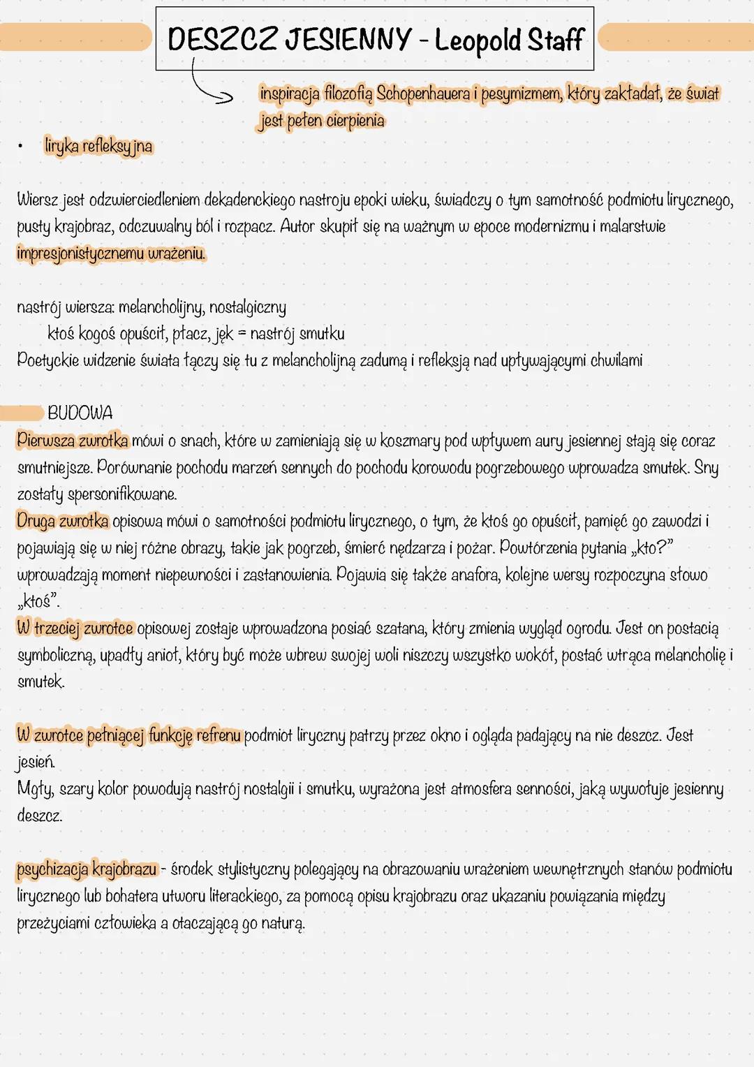 Analiza Wiersza 'Deszcz Jesienny' Leopolda Staffa