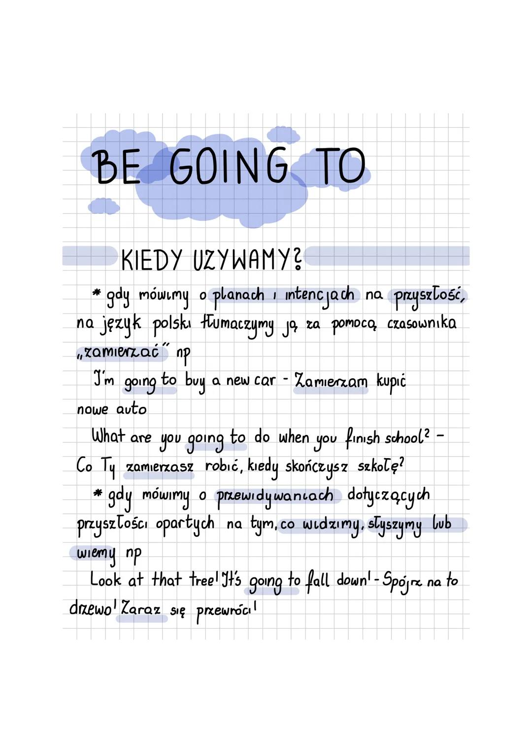 na
BE GOING TO
KIEDY UZYWAMY?
* gdy mówimy o planach, intencjach
na
przyszłość,
język polski tłumaczymy ją, za pomocą czasownika.
,,zamierza