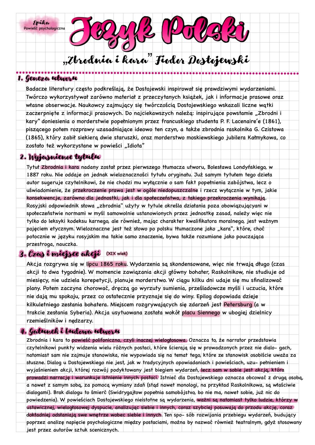 # Epika
Powieść psychologiczna
# Jezyk Polaki
## „Zbrodnia i kara" Fiodor Dostojewski
1. Geneza utweru
Badacze literatury często podkreś