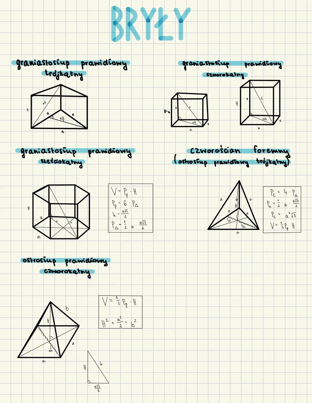 BRYŁY
graniastosiup prawidłowy
trójkątny
a
Ha
grania stosup
Czworokalny
prawidłowy
a
H
graniastosiup pramdiowy
Η
sześciokątny
V = P₁₂-H
P =