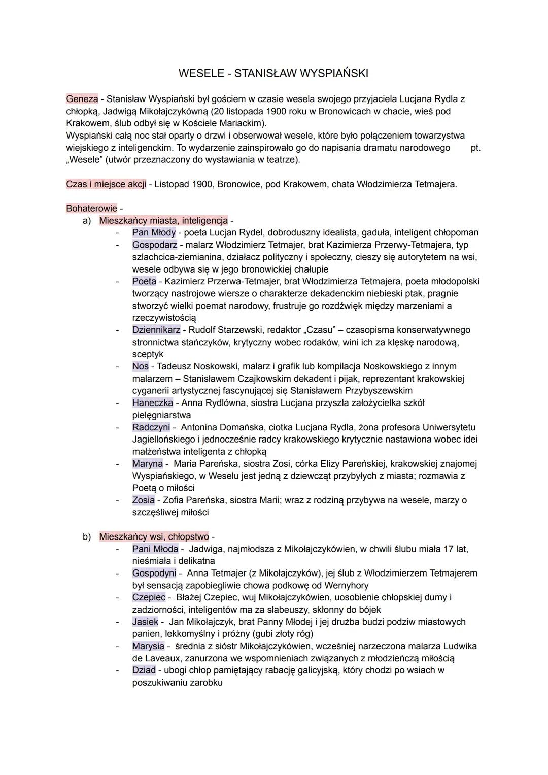 WESELE - STANISŁAW WYSPIAŃSKI
Geneza - Stanisław Wyspiański był gościem w czasie wesela swojego przyjaciela Lucjana Rydla z
chłopką, Jadwigą