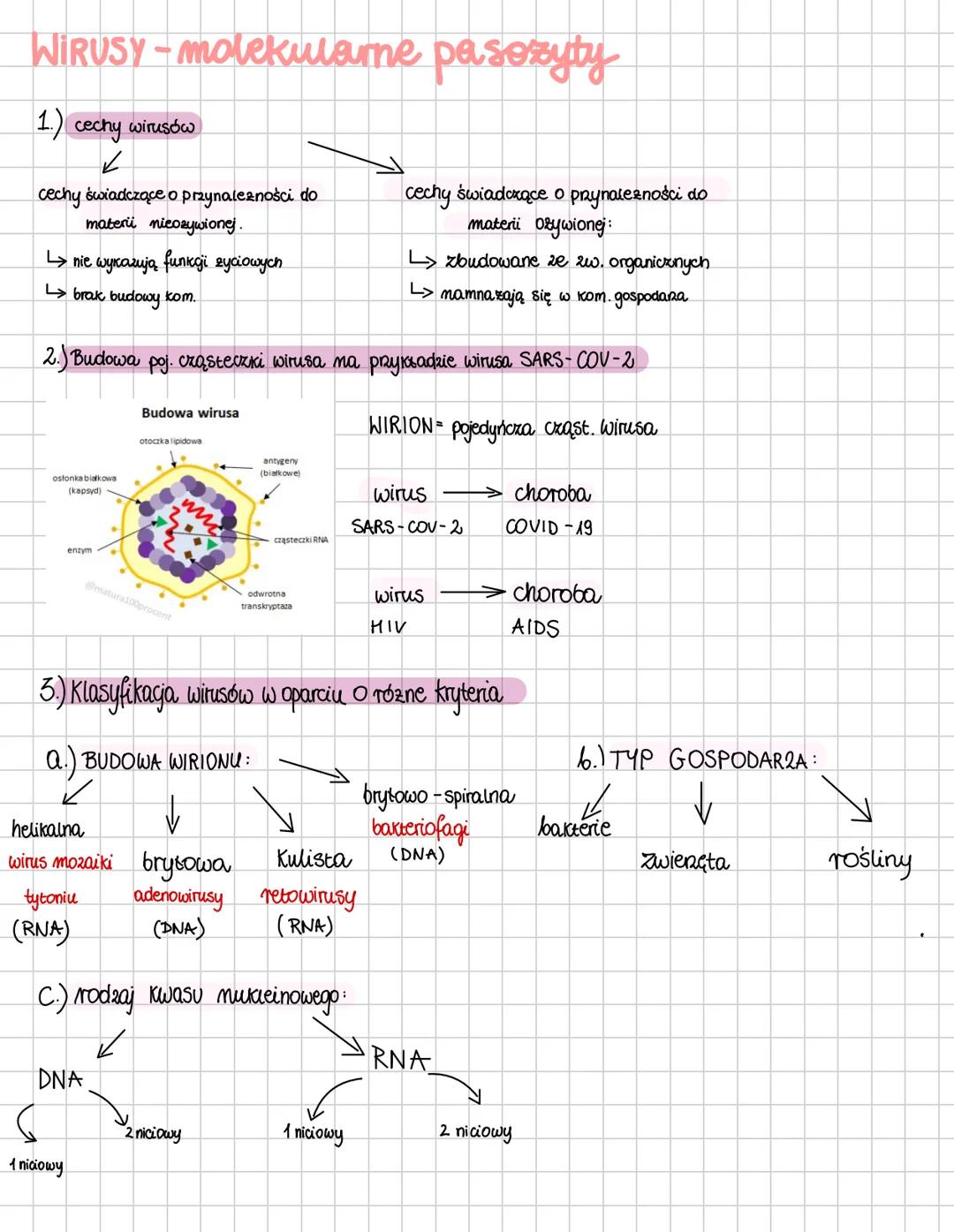 WIRUSY - molekulare pasosyty
1.) cechy wirusów
✓
cechy świadczące o przynależności do
materi nicozywionej.
nie wykazują funkcji życiowych
→b