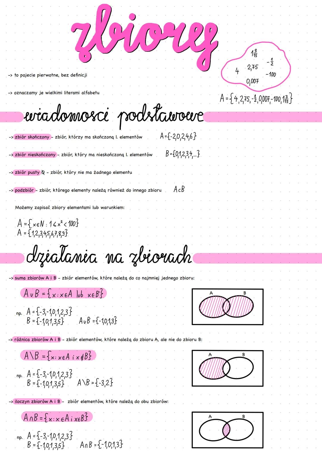 zbiory
-> to pojecie pierwotne, bez definicji
-> oznaczamy je wielkimi literami alfabetu
wiadomosci podstawowe
19
&
4
2,75
0,007
-100
A = {4