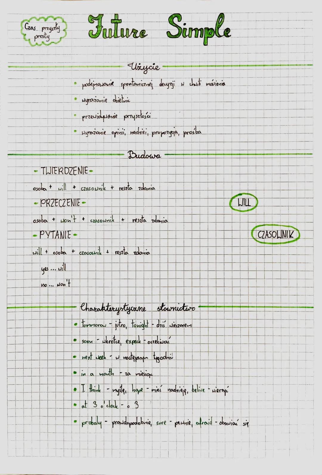 Czas przyszły
prosty
# Future Simple
Użycie
* podejmowanie spontanicznej decyzji w chwili mavienia
* wyrażanie obietnic
* przevidpr